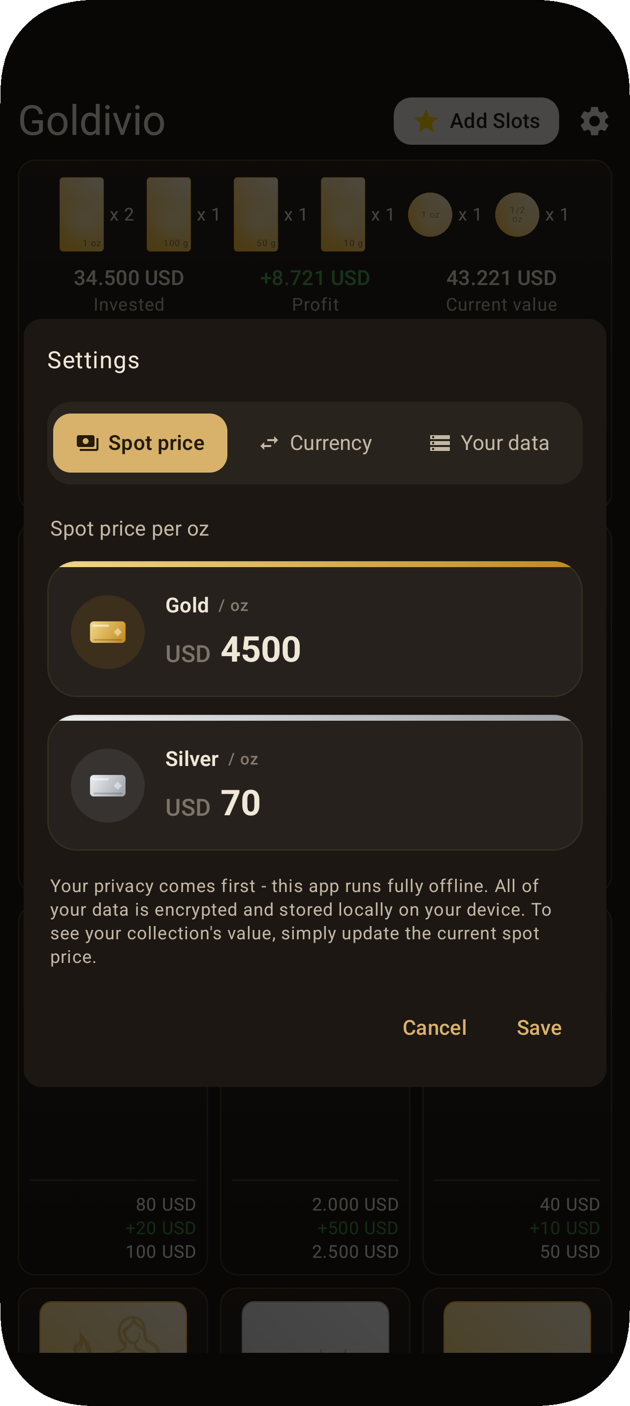 Goldivio spot price settings